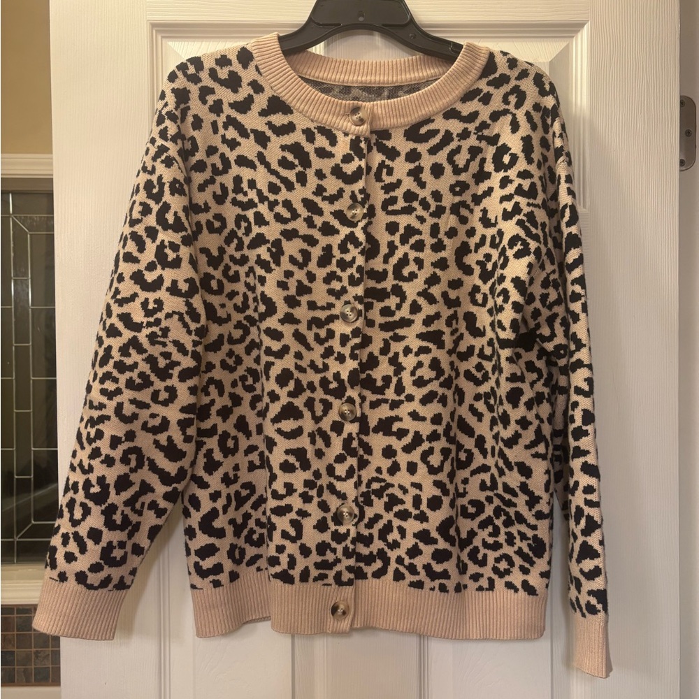Leopard Print Button-Front Cardigan in Beige and Black